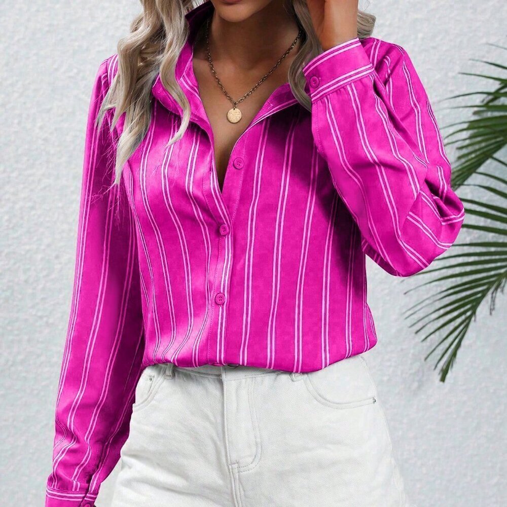 Hot Pink Casual Women's Striped Long Sleeve Shirt - Picture 5 of 6